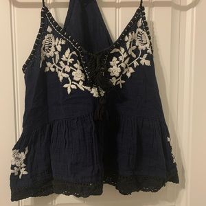 Blue White Black Embroidered Tank by  Boemo Medium